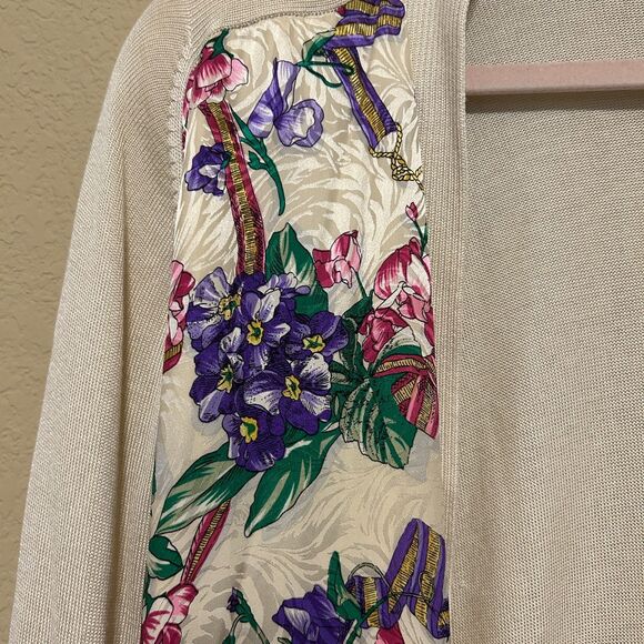 VTG Diane Freis Open Front Cardigan Mix Media Floral Rayon Silk Long Line Large - Picture 4 of 8
